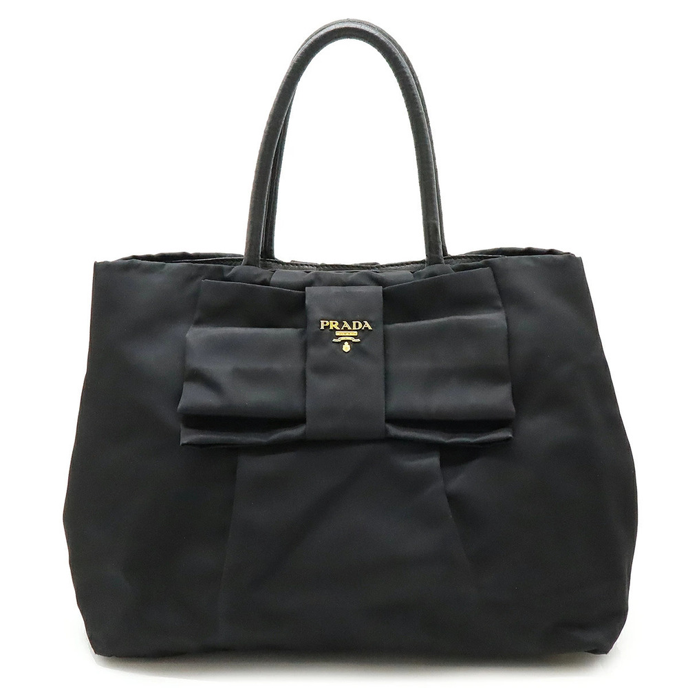 Prada Tote Bag Handbag Ribbon Leather NERO Black